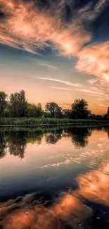 Serene sunset over a calm lake with reflections and a vibrant sky.