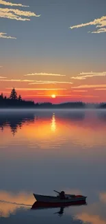 Serene sunset reflection over a tranquil lake with a silhouetted boat.