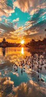 Vibrant sunset reflected over a peaceful lake.