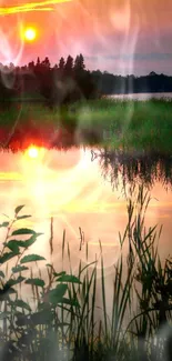 Serene sunset over a reflective lake landscape with vibrant colors.