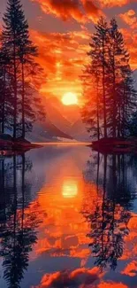 Beautiful sunset reflecting on a serene lake with silhouetted trees.