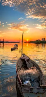 Mobile wallpaper of a sunset over a tranquil lake with boats and vibrant colors.