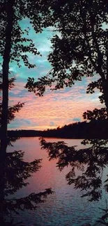 Serene lake sunset view with silhouetted trees.