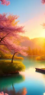 Serene lake with cherry blossoms at sunset, vibrant colors reflecting on water.