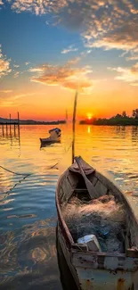 Peaceful sunset over a tranquil lake with a boat reflecting in the water.