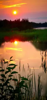 Serene sunset over a reflective lake with vibrant colors and silhouetted trees.