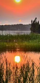 Tranquil sunset over a serene lake with reflections.