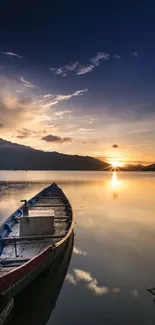 Serene lake at sunset with a solitary boat and reflective waters.