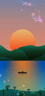 A tranquil sunset over a calm lake with vibrant gradient hues.