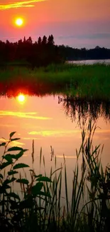 A serene lake reflecting a vibrant sunset with silhouetted trees and lush vegetation.