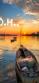 A serene sunset over a lake with boats and orange reflections.