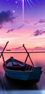 Tranquil boat on calm lake at sunset with purple sky.