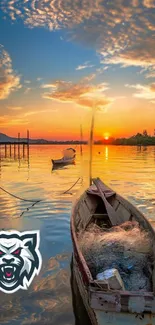 Serene sunset over a lake with a rustic boat.