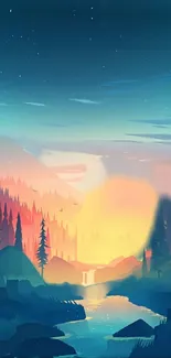 Illustrated landscape with sunset and mountains in vibrant hues.