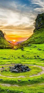 Serene green hills and sunset sky landscape wallpaper.