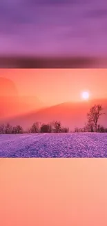 Serene sunset landscape with orange sky and purple mountains.