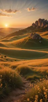 Serene sunset landscape with rolling hills and rocky outcrops on mobile wallpaper.