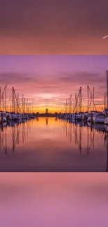 Mobile wallpaper of a marina at sunset with purple sky and boat reflections.