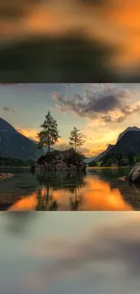 Breathtaking sunset over a mountain lake with glowing sky and calm waters.