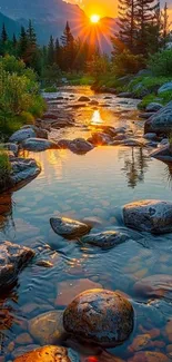 Serene mountain stream at sunset with vibrant reflections.
