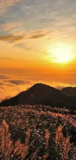 Golden sunset over mountain peaks with clouds and serene sky.