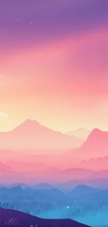 Serene sunset over mountain landscape with purple, pink, and blue hues.