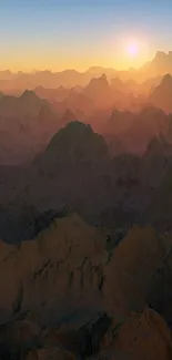 Serene sunset over layered mountain landscape wallpaper.