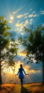 Woman walking under sunset sky between trees, serene landscape.