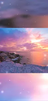 Serene sunset with purple sky over ocean rocks, perfect for relaxation.