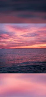 Beautiful sunset over a calm ocean with pink and purple sky hues.