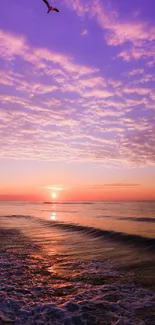 Serene beach sunset with purple and orange sky.