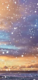 Serene sunset ocean wallpaper with snow falling effect.