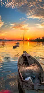 A peaceful sunset over a lake with a fishing boat and vibrant clouds.