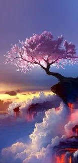 Cherry tree atop a cliff with a pink sunset sky and clouds.