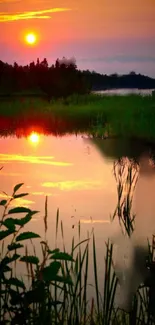 Serene sunset over lake with reflection and greenery.