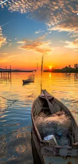 Serene lake sunset with boat and vibrant sky reflections.