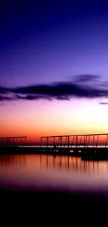 Beautiful sunset over calm water with purple and orange sky hues.