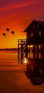 Vibrant sunset with birds over a serene lake and rustic boathouse.