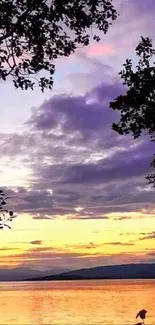 Serene sunset over a lake with silhouetted trees.