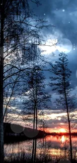 Serene sunset over a lake with silhouetted trees.