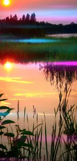 Serene sunset with lake reflection and colorful sky.