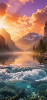 Sunset over a serene mountain lake landscape.