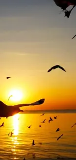 Silhouetted birds against a vibrant ocean sunset.