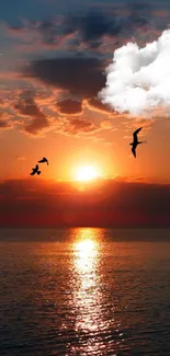 Serene sunset over ocean with birds flying against a colorful sky.