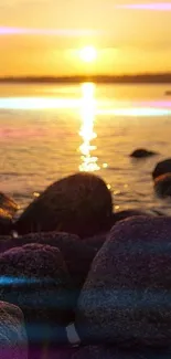 Golden sunset over rocky beach with calm water.