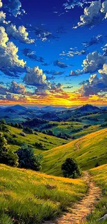Vibrant sunset landscape with rolling green hills and scenic sky.