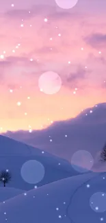 Snowy hills under a serene lavender sunset with silhouetted trees.