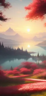 Peaceful sunset over a vibrant lake with pink trees and scenic mountains.