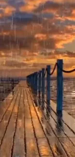 Sunset over ocean with wooden pier and raindrops glistening.