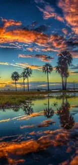 Palms silhouetted against a vibrant sunset over water.